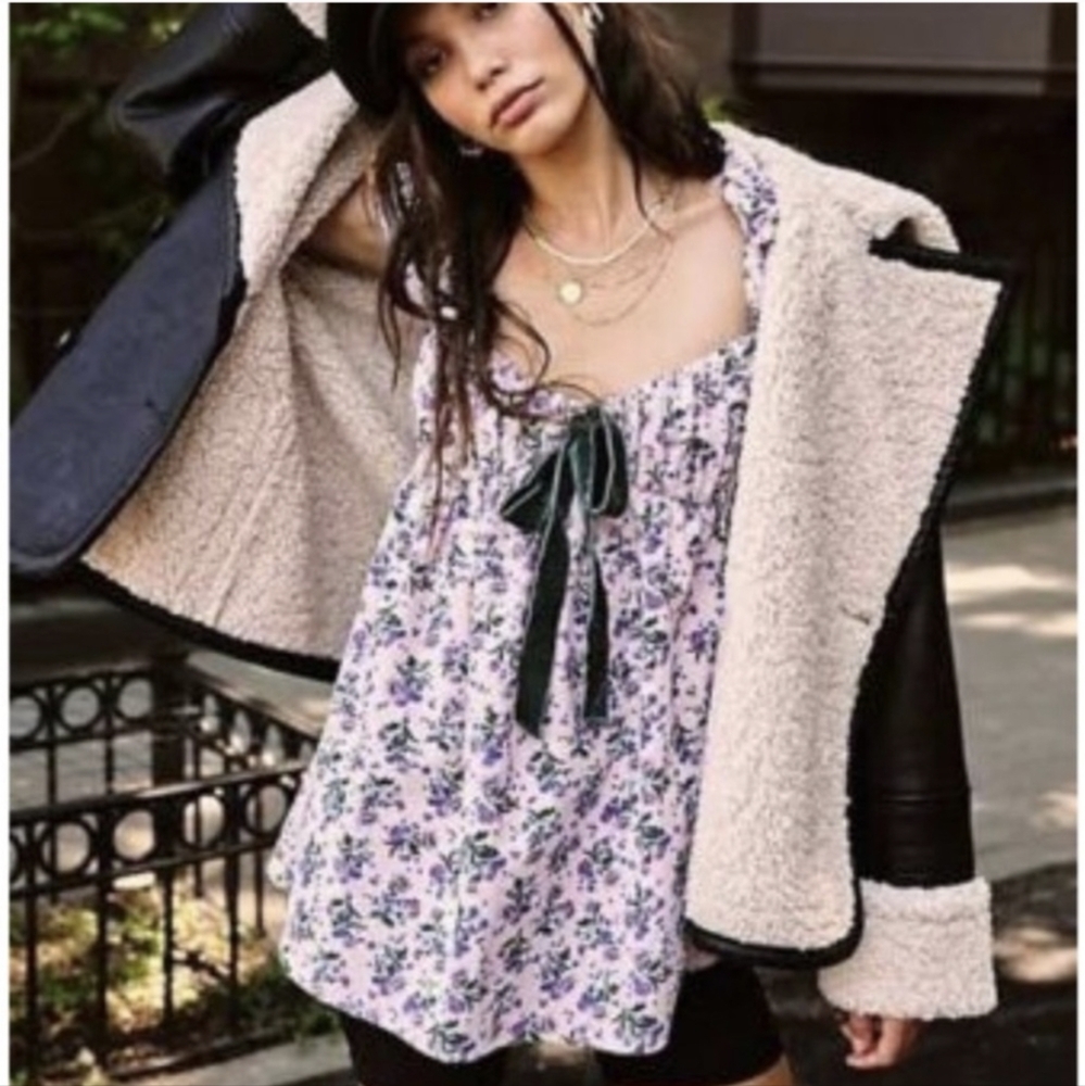 Free People Gaia Printed Tunic Lilac Floral Corduroy Bow Floral Mini Dress - Picture 3 of 11